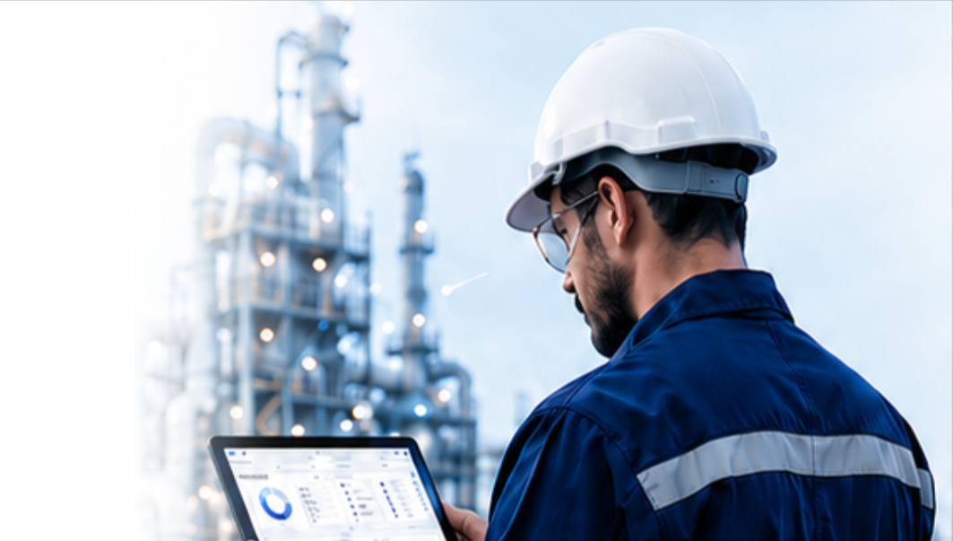 Industrial technician scanning machine QR code with mobile scanner