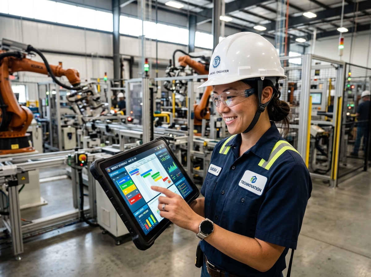 Manufacturing Engineer using byteFACTORY.ai tablet on factory floor