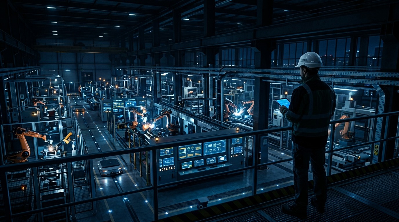 High tech smart factory plant floor with engineer