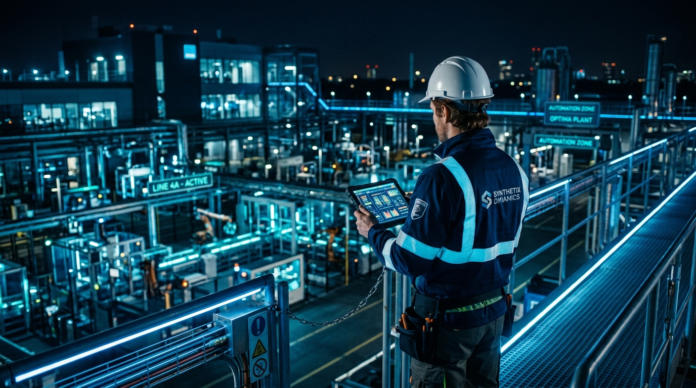 Industrial Engineer inspecting automated plant with tablet
