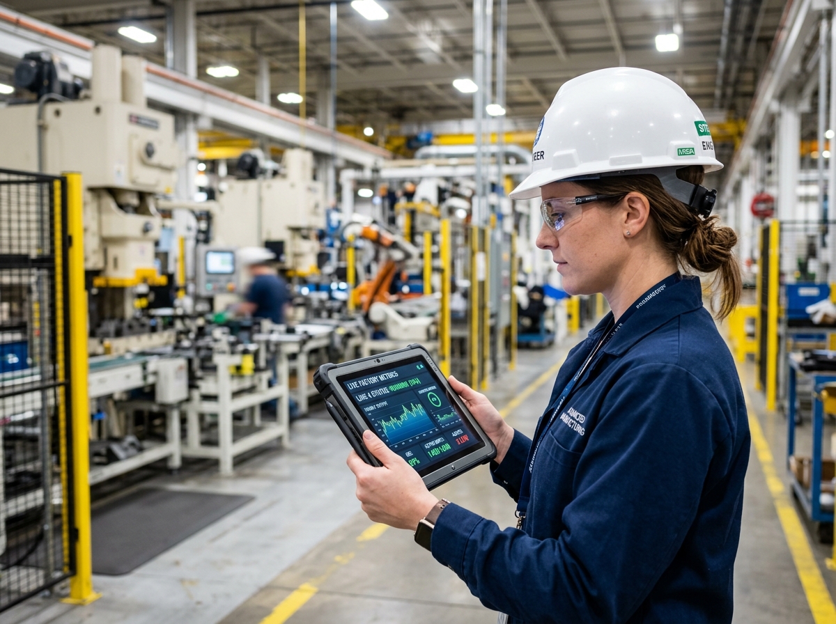Engineer using byteFACTORY live telemetry tablet on factory shopfloor