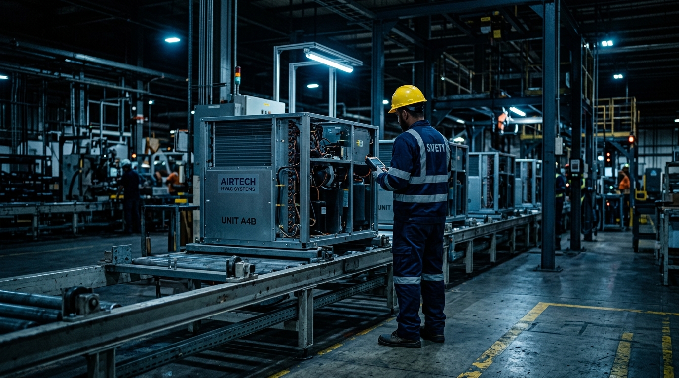 Engineer inspecting HVAC manufacturing equipment