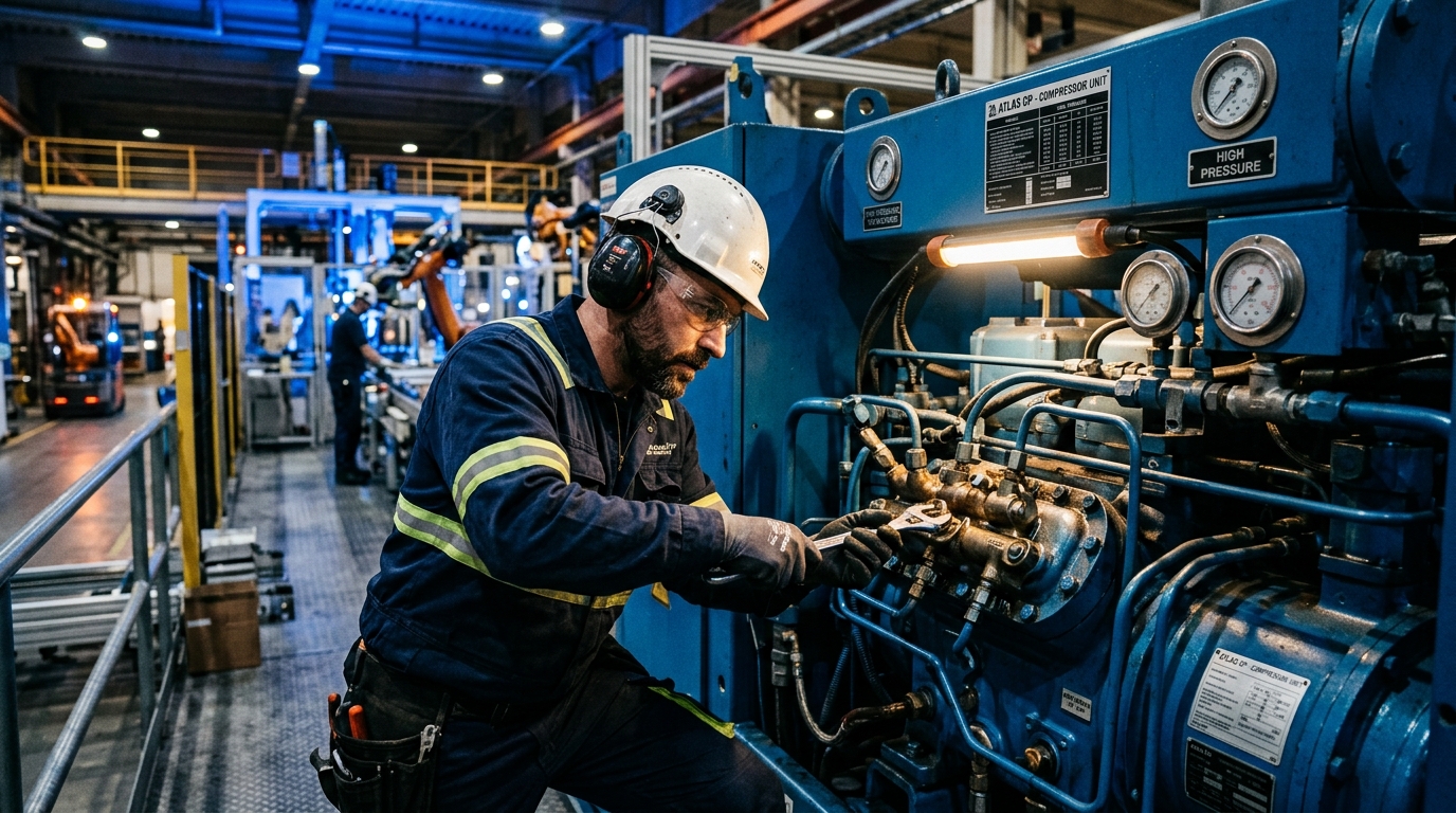 Technician inspecting industrial compressor in automotive plant