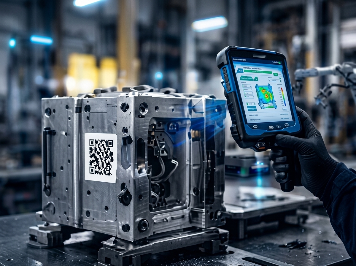 Technician scanning QR code on metal mold with handheld scanner terminal