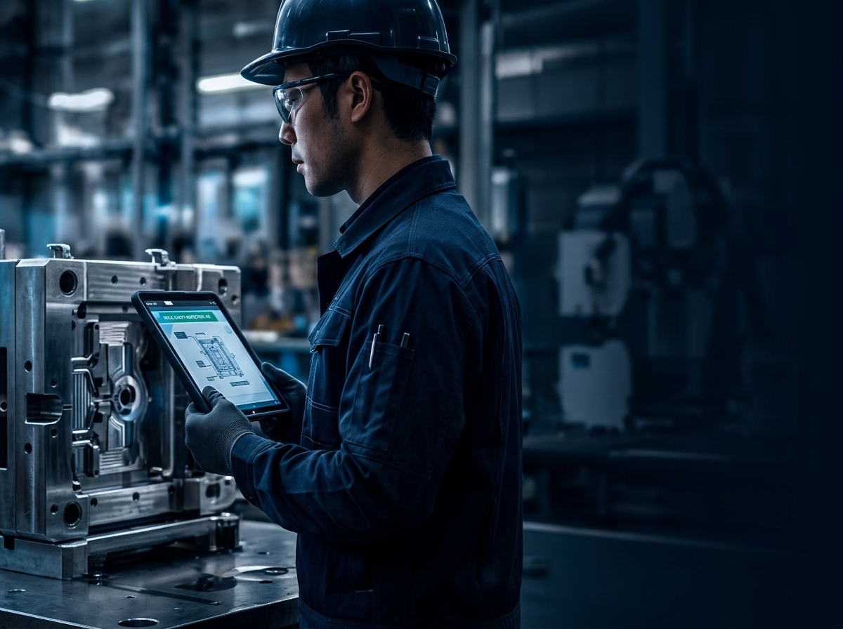 Manufacturing engineer inspecting mold with digital tablet