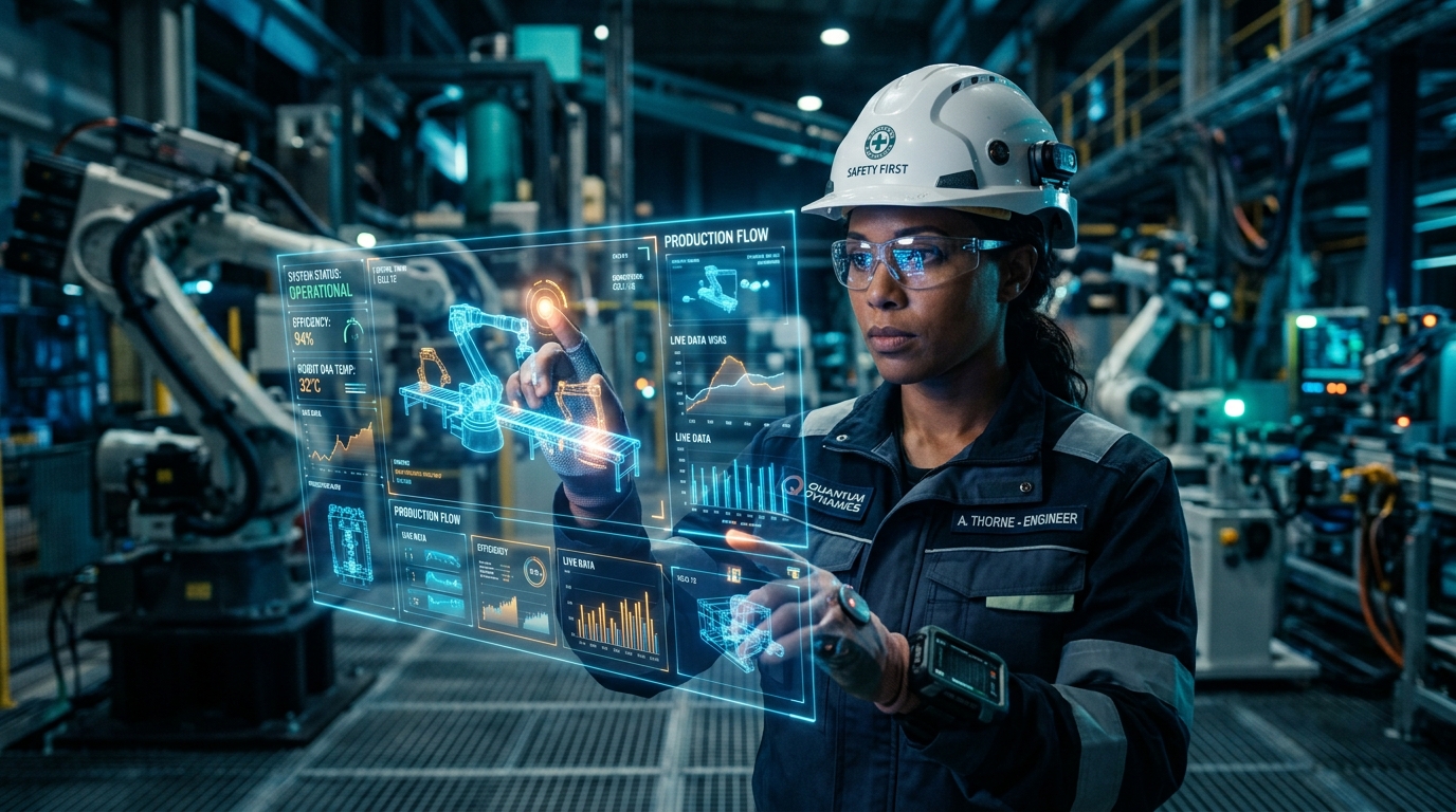 Connected factory worker interacting with digital twin screens