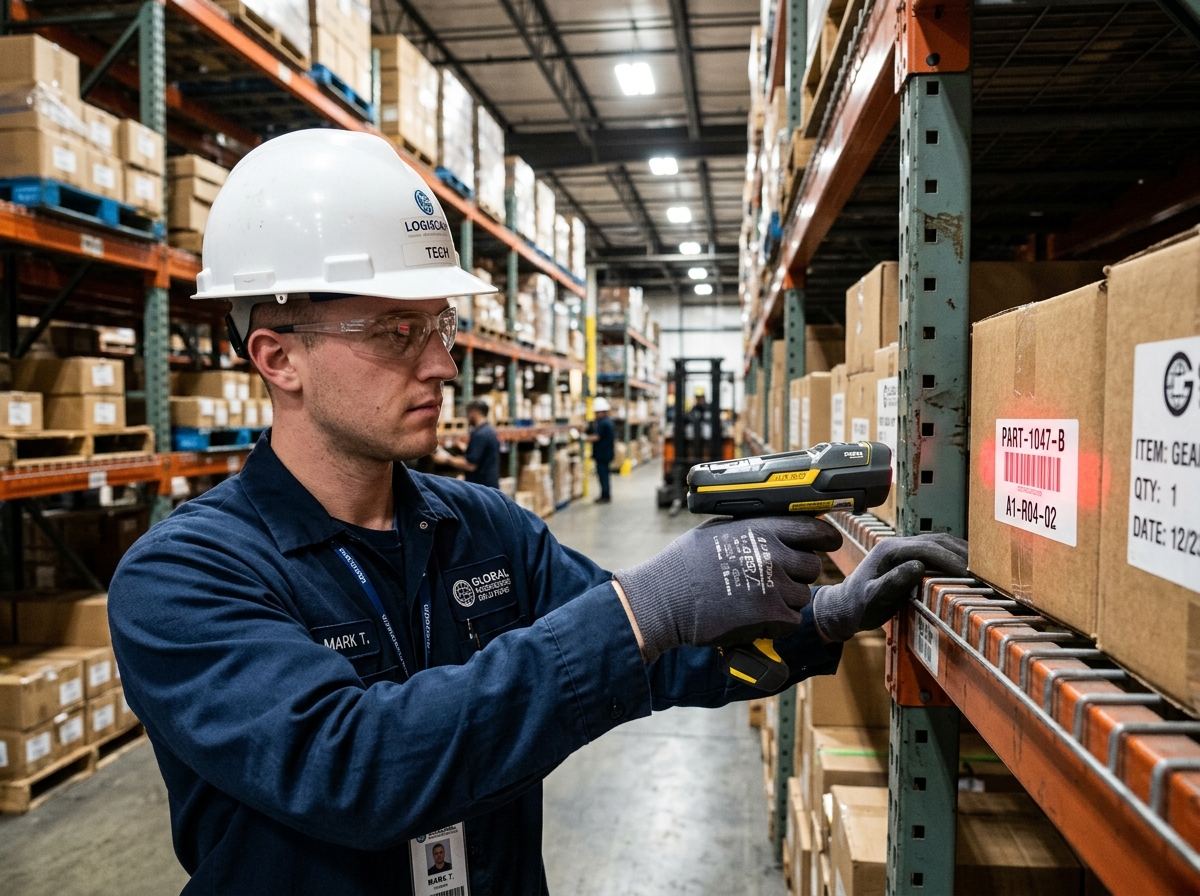 Technician scanning inventory with handheld scanner