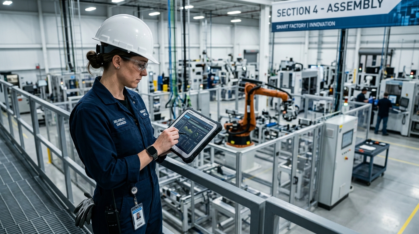 Industrial reliability engineer using digital tablet in smart factory