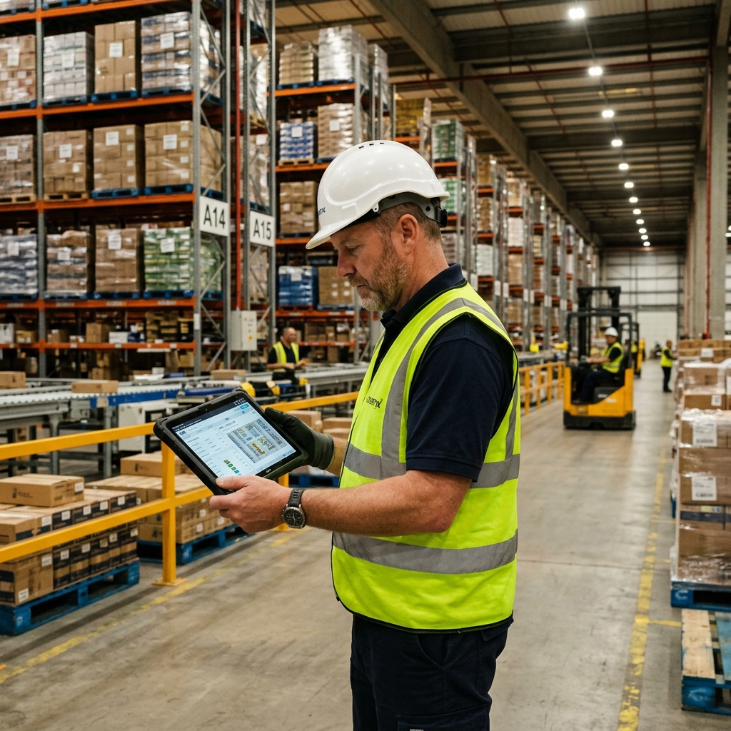 Warehouse operations manager with industrial digital tablet in fulfillment bay